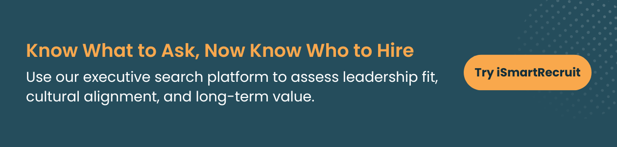 Banner promoting iSmartRecruit’s executive search platform, with text about assessing leadership fit and a “Try iSmartRecruit” button.