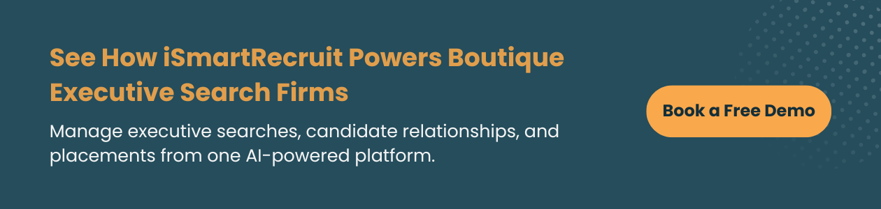 Banner promoting iSmartRecruit for boutique executive search firms, with a “Book a Free Demo” call-to-action.